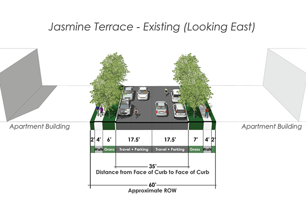 Jasmine terrace exiting road and sidewalk spacing