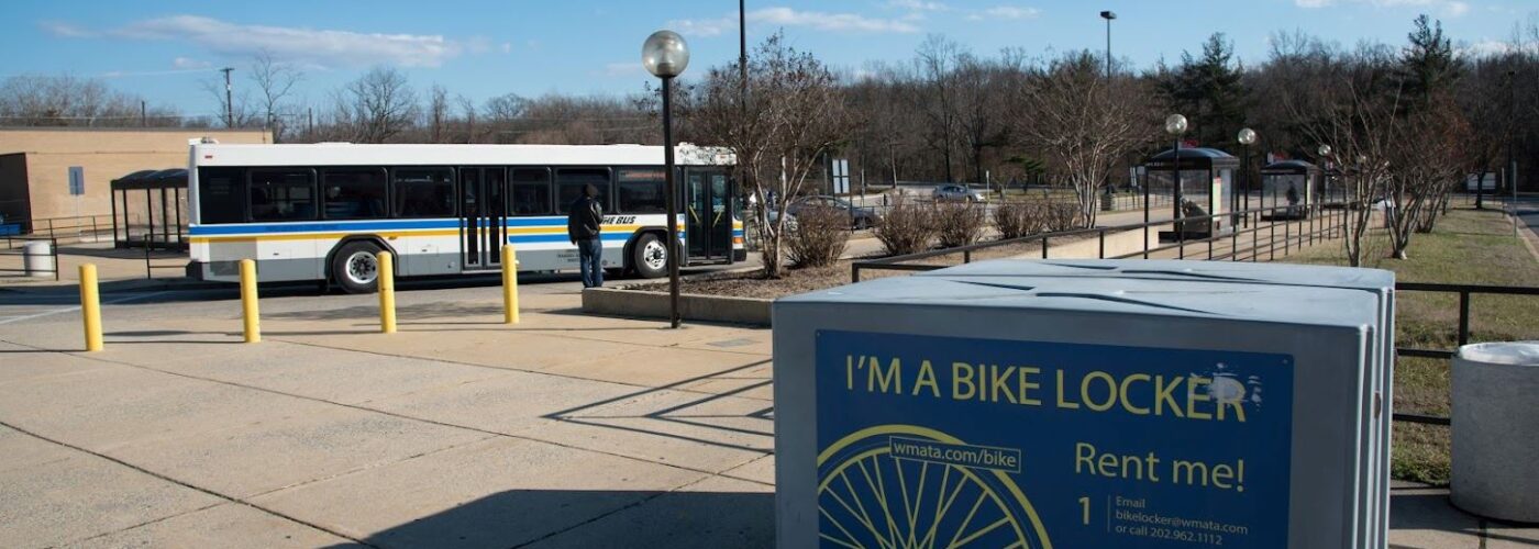 I'm a bike locker, rent me! at a bus transit center
