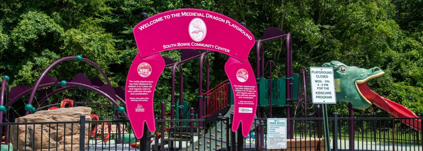 Welcoe to the Medieval Dragon Playground at South Bowie community center. playground closed monday to friday 4 to 6pm for kidscare program. It is fenced in with benches