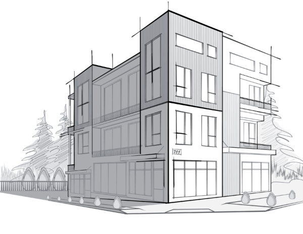 Line drawing of a building.