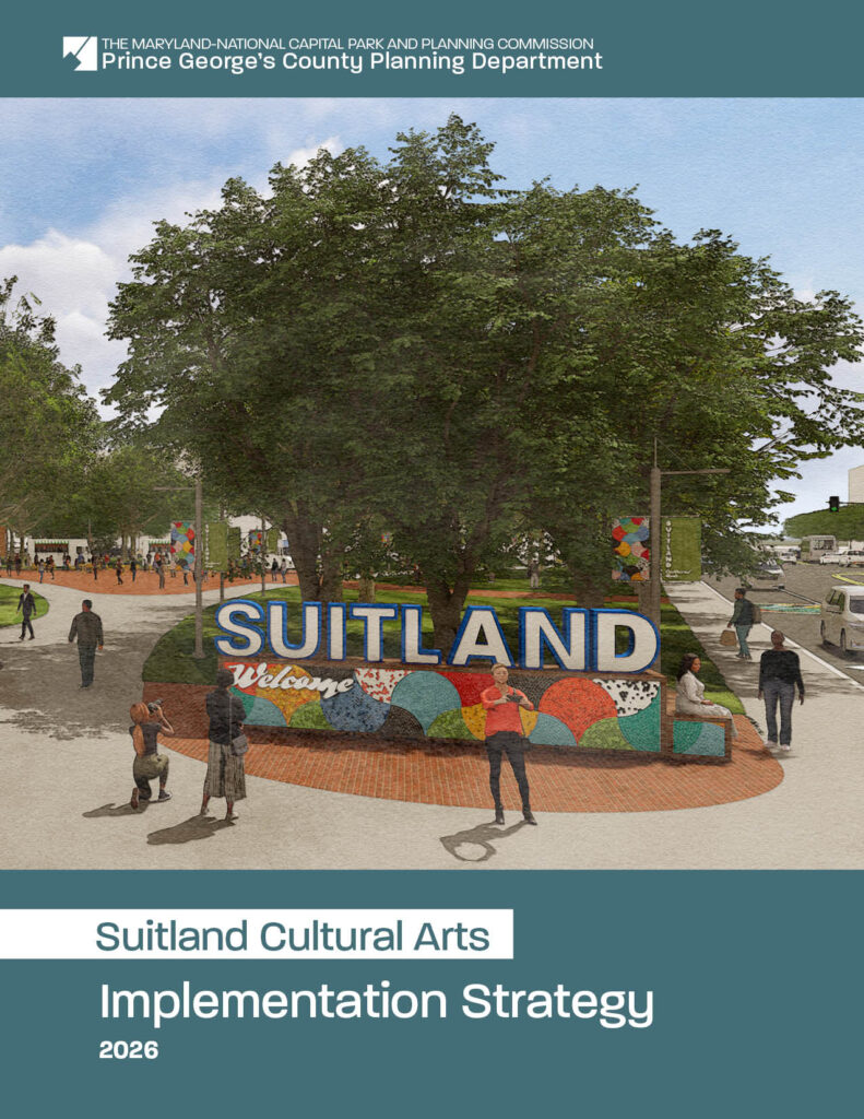 Cover of the 2026 Suitland Cultural Arts Implementation Strategy showing a conceptual rendering of a public plaza with a โSUITLAND Welcomeโ sign, trees, and pedestrian spaces