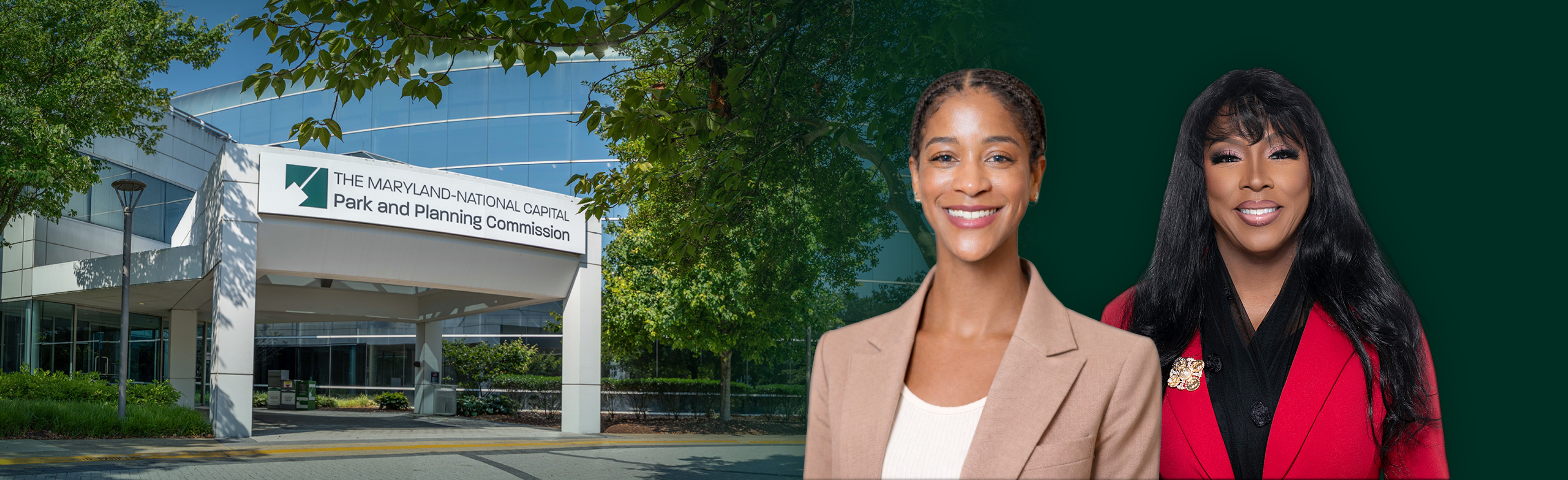 The front entrance of the M-NCPPC Largo Headquarters building and headshots of new Commissioners Jenkins and Matthews.