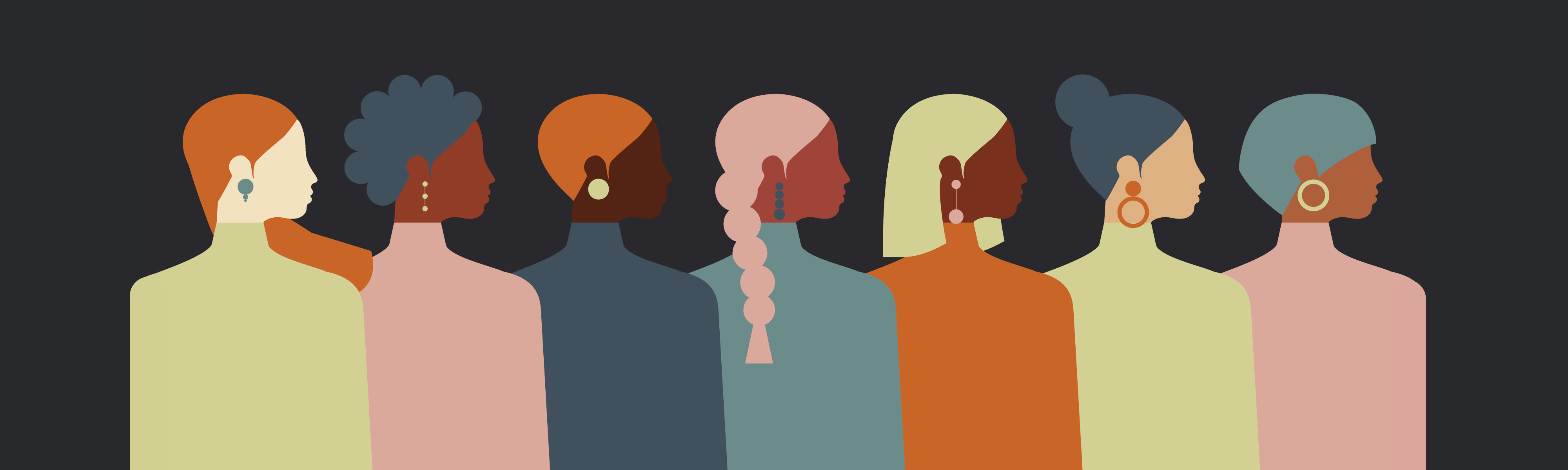 A graphic of a group of diverse women wearing a variety of colors, jewelry, and hairstyles.