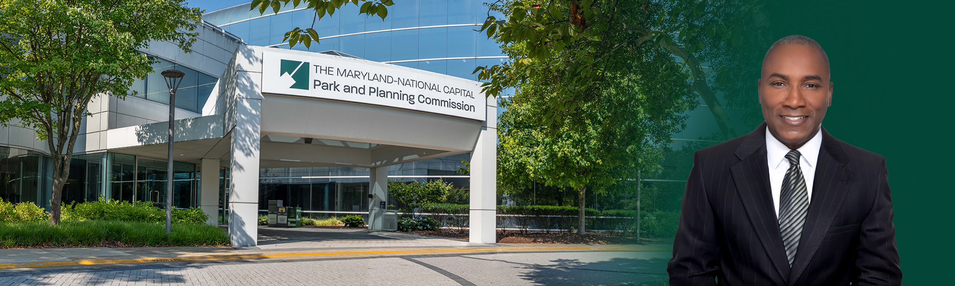 The front entrance of the M-NCPPC Largo Headquarters and Chair of the Prince George's County Planning Board, Kevin A. Anderson.