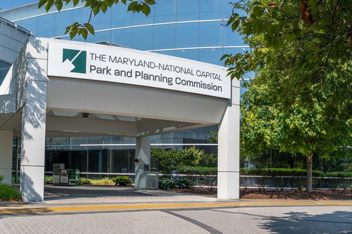 The front door of the Maryland-National Capital Park and Planning Commission and Commissioner Gloria Gary Lawlah.