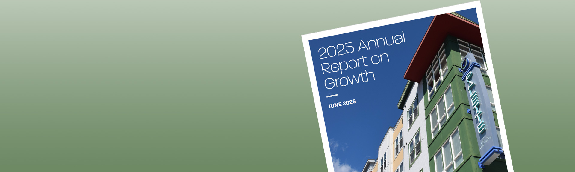 A gradient green background with an image to the right of the cover of the 2025 Annual Report on Growth-June 2026.