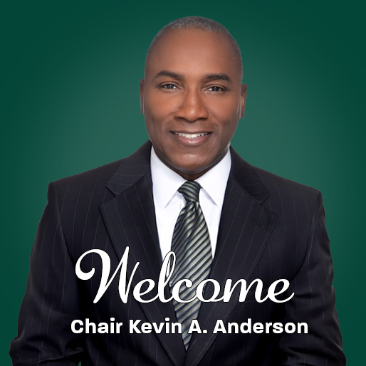Welcome, Planning Board Chair Kevin A. Anderson, with a portrait of him wearing a navy blue suit with a white shirt and a grey and navy blue striped tie, on a dark green background.