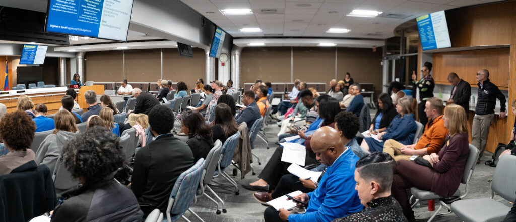 audience sitting at budget forum in the auditorium at the Parks and Recreation Administration Building