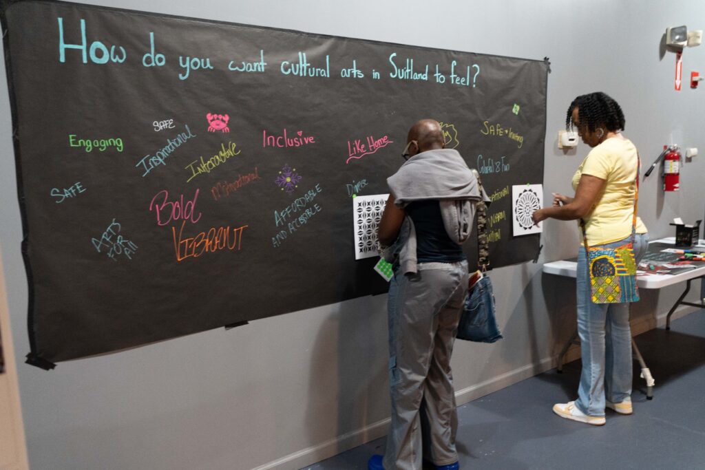 Participants add ideas to a board asking, “How do you want cultural arts in Suitland to feel?”
