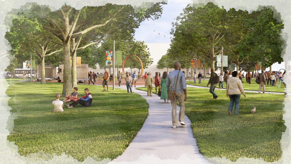 Concept rendering of the Suitland Art Walk depicting a pedestrian-friendly park with winding pathways, mature trees, public art, open lawns, food vendors, and community members walking, sitting, and gathering throughout the space.