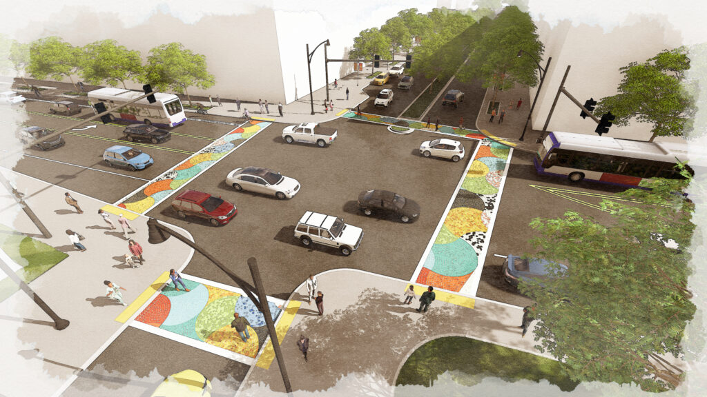 Aerial rendering of a redesigned urban intersection featuring colorful artistic crosswalks, pedestrian curb extensions, transit buses, vehicle traffic, street trees, and widened sidewalks that improve safety and walkability.