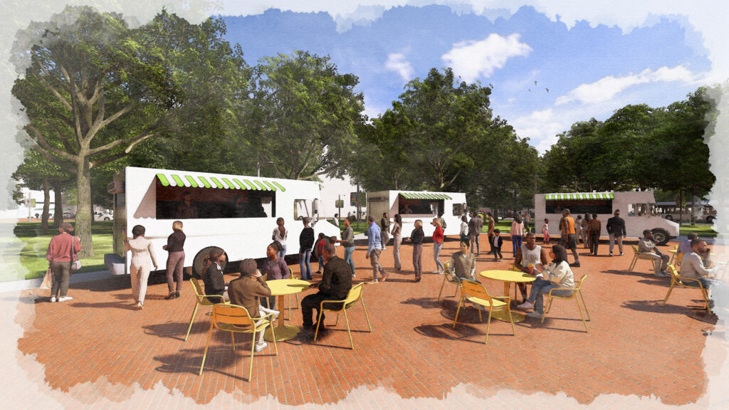 Rendering of a food truck plaza at Suitland Village Green with visitors dining outdoors, food vendors, café seating, brick paving, and a shaded tree-lined setting.