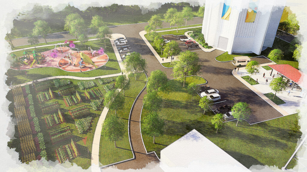 Aerial rendering of Suitland Water Tower Park featuring a community garden, colorful nature-themed playground, walking paths, landscaped green space, parking areas, and a pavilion near the iconic water tower.