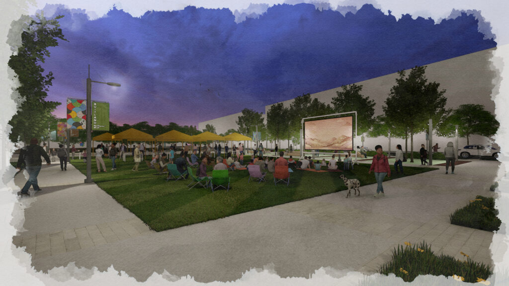 Evening rendering of a community green with an outdoor movie screen, lawn seating, canopy structures, pedestrian pathways, decorative lighting, and residents gathering for a public event.