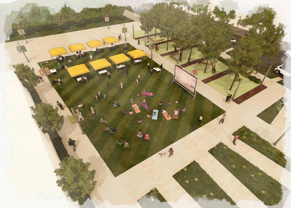 Bird's-eye rendering of Towne Green, a community gathering space featuring a large lawn for events and outdoor movie screenings. The space includes yellow canopy tents, pedestrian walkways, mature trees, seating areas, landscaped planting beds, and residents using the park for recreation, socializing, and community programming.