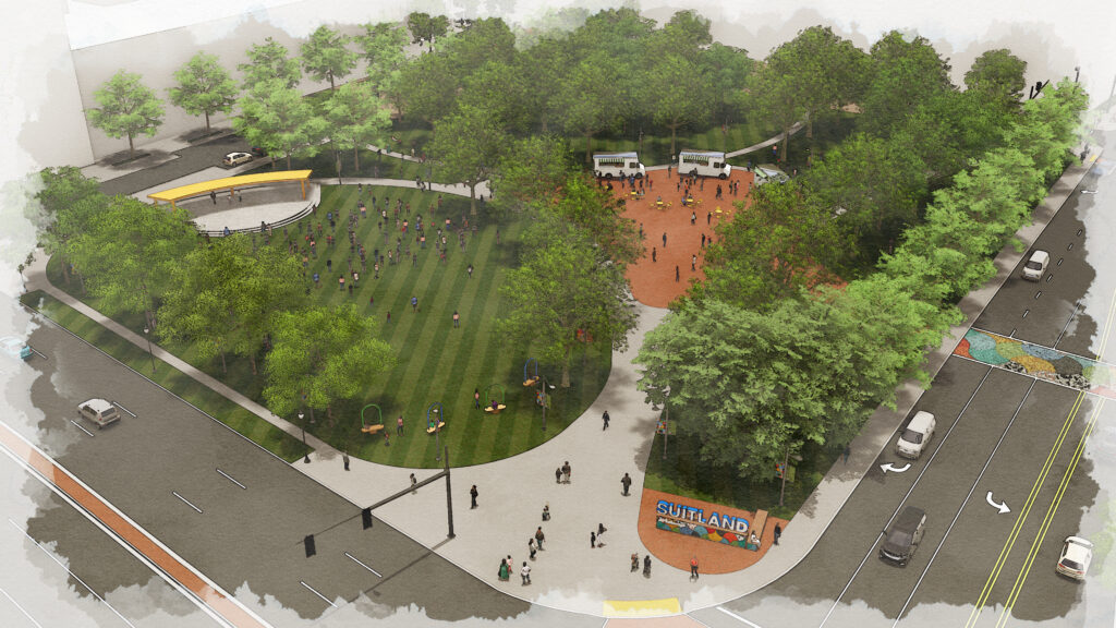 Bird's-eye rendering of Suitland Village Green, showing a large lawn, outdoor performance stage, shaded walking paths, public gathering spaces, food truck plaza, playground swings, and mature tree canopy.