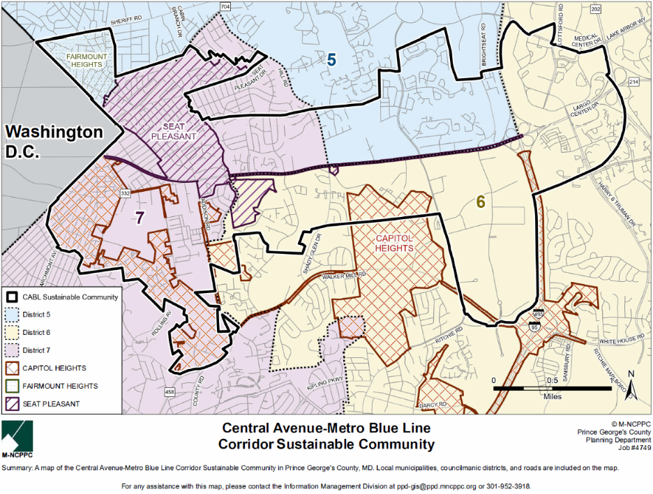 A map of the Central Avenue-Metro Blue line Corridor Sustainable Community in Prince George's County MD. It includes local municipalities, councilmanic districts and roads